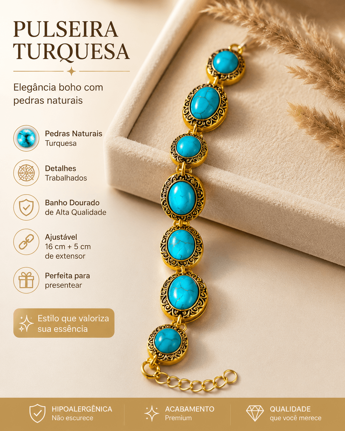 PULSEIRA PEDRA TURQUESA DOURADA OVAL