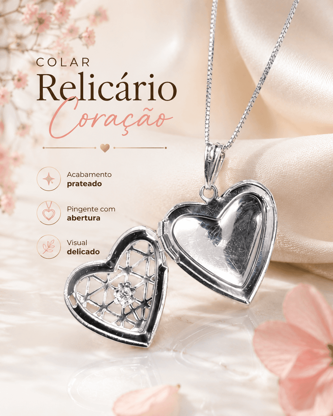 RELICARIO CORAÇÃO FLOR PRATA