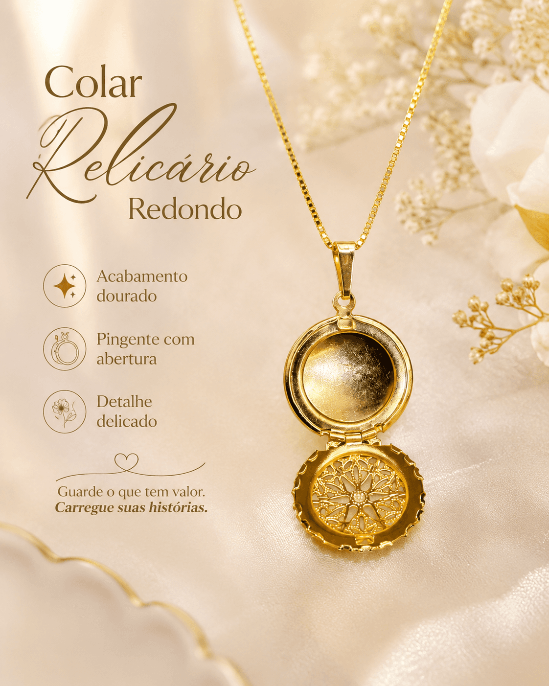 RELICARIO REDONDO FLOR DOURADO