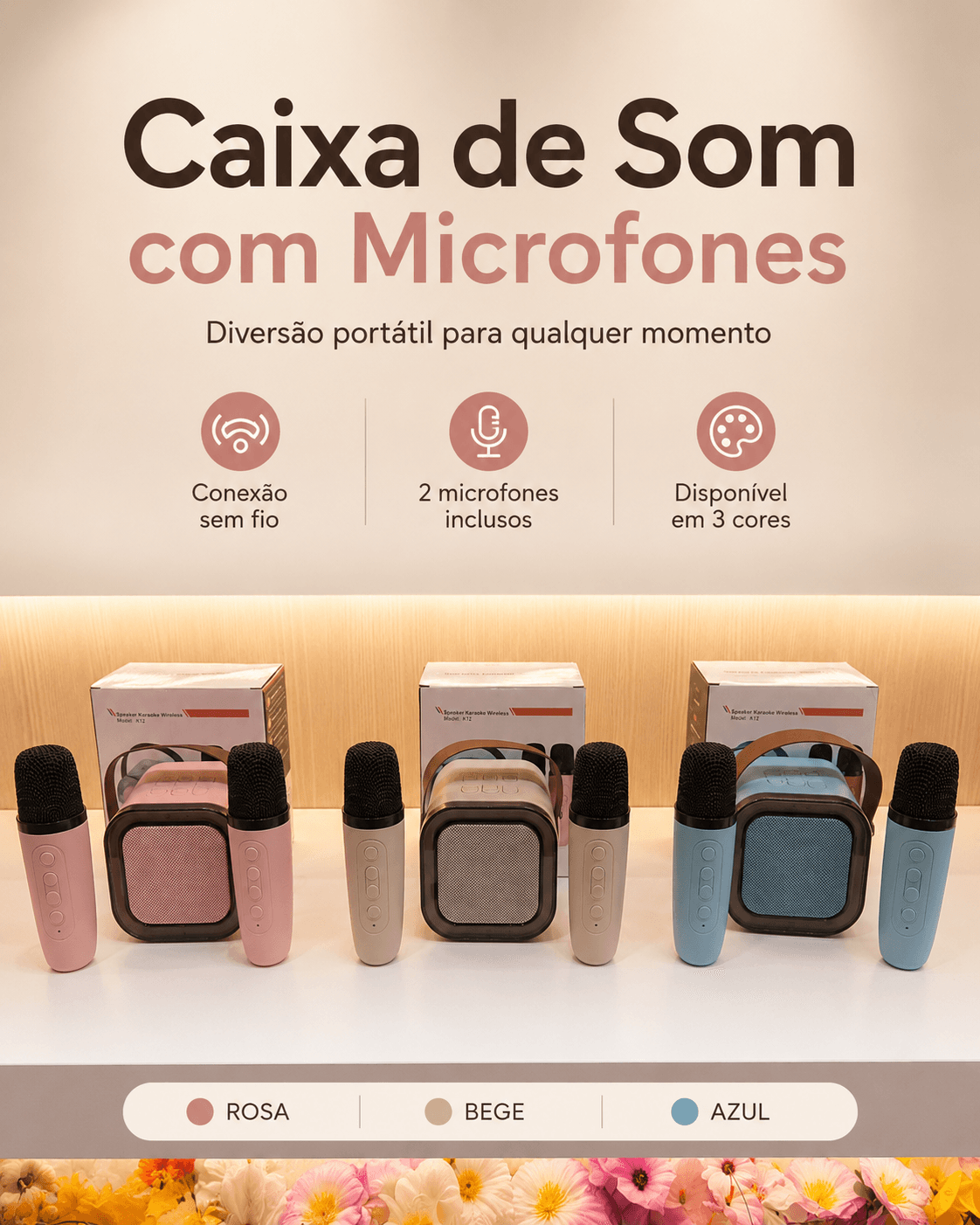 CAIXA DE SOM + MICROFONE ROSA