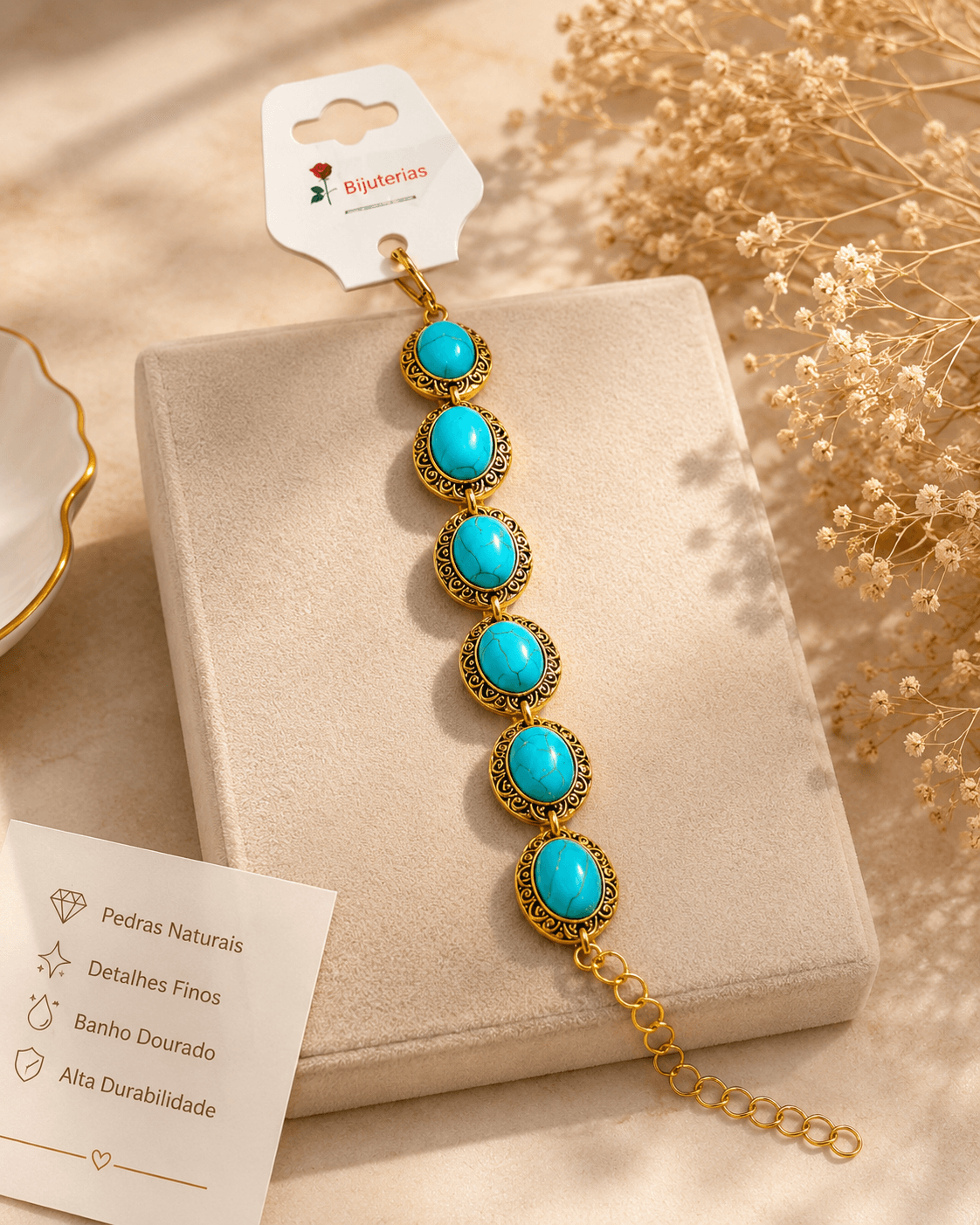 PULSEIRA PEDRA TURQUESA DOURADA REDONDA