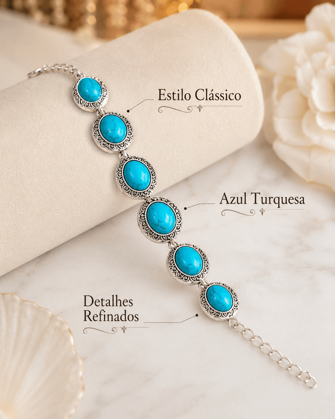 PULSEIRA PEDRA TURQUESA PRATA REDONDA