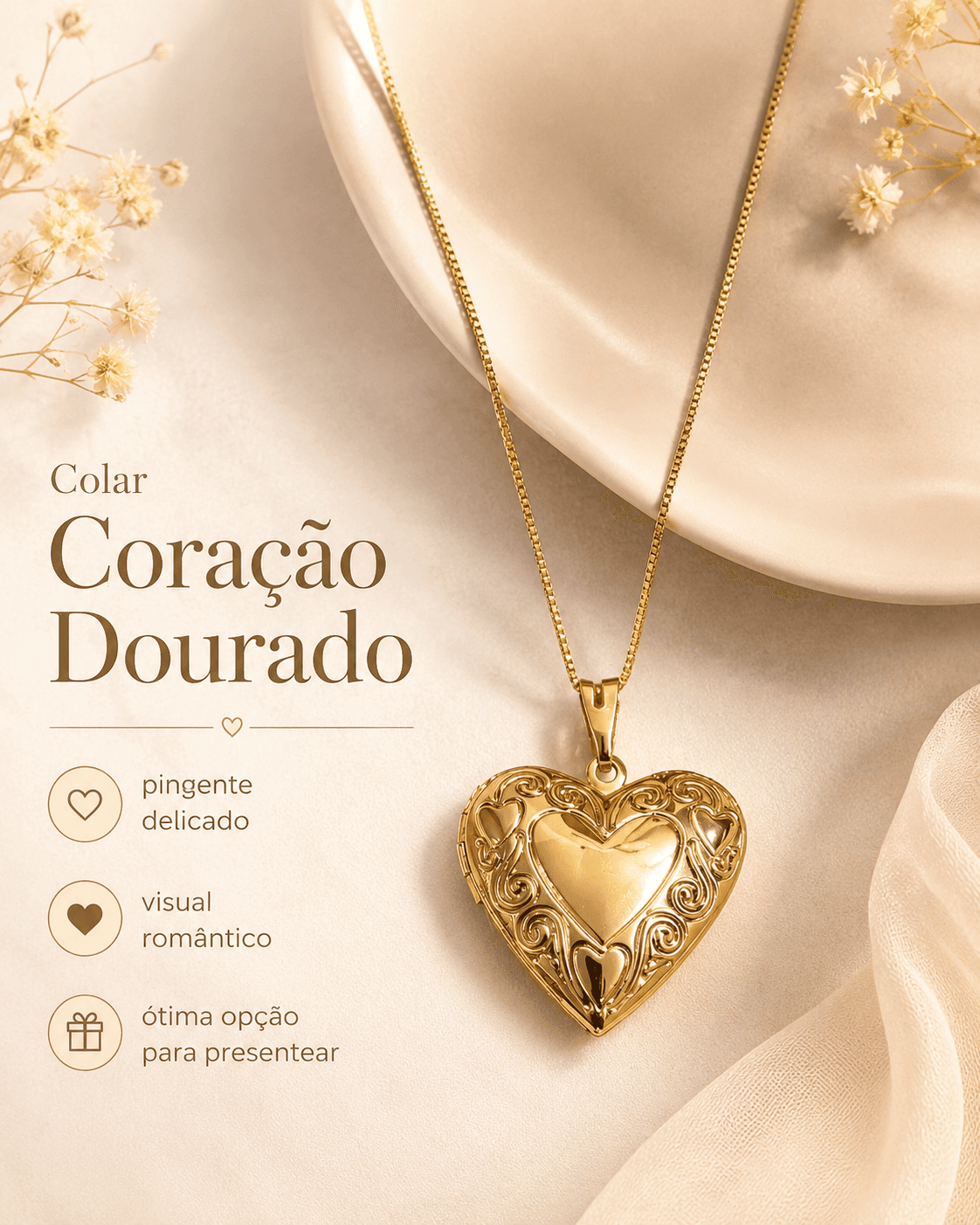 RELICARIO CORAÇÃO FECHADO DOURADO